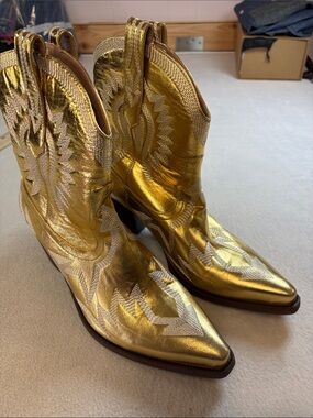 Metallic Gold Western Heeled Boots for Women
